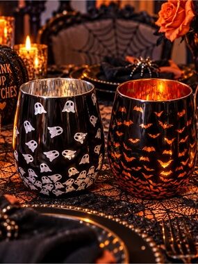 Set of two Halloween Ghost & Bat Stemless Wine Glasses  - Black and Orange